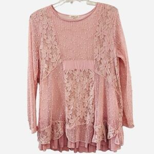 Indigo Soul Boho Lace Knit Tunic Top Pink Long Sleeve. XL